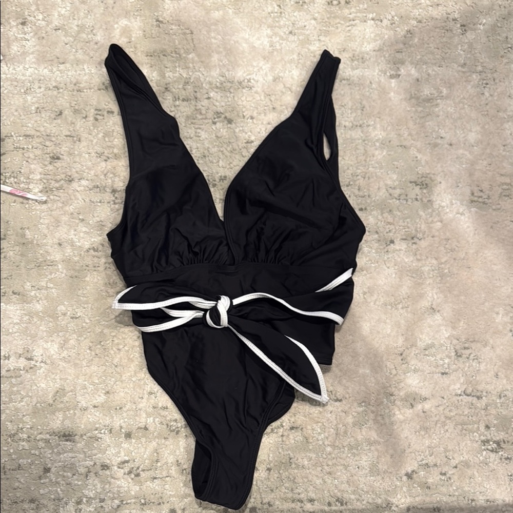 Black One-Piece Swimsuit with White Bow